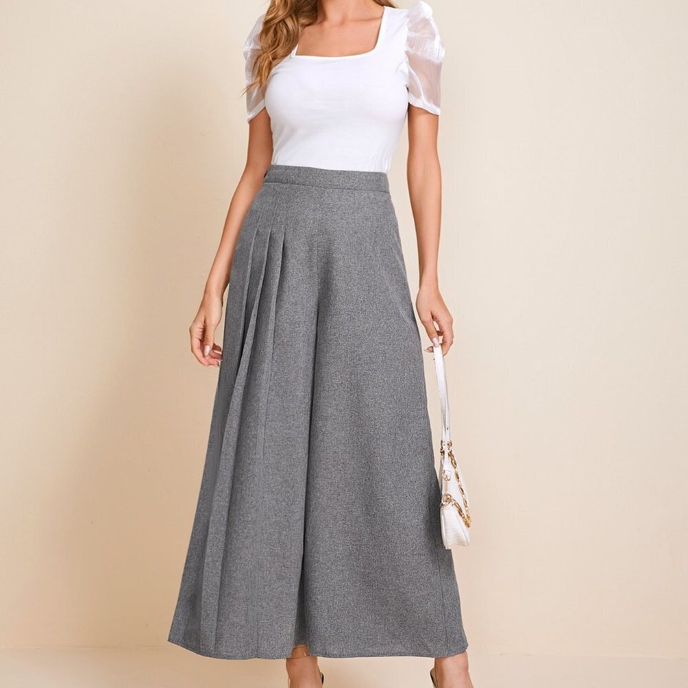 Grey Casual Womens Fold Pleated Detail Wide Leg Pants - Picture 4 of 5